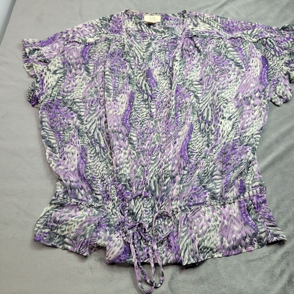 S Line‎ Medium Womens Feather Print Purple & Gray Short Sleeve Blouse 100%...